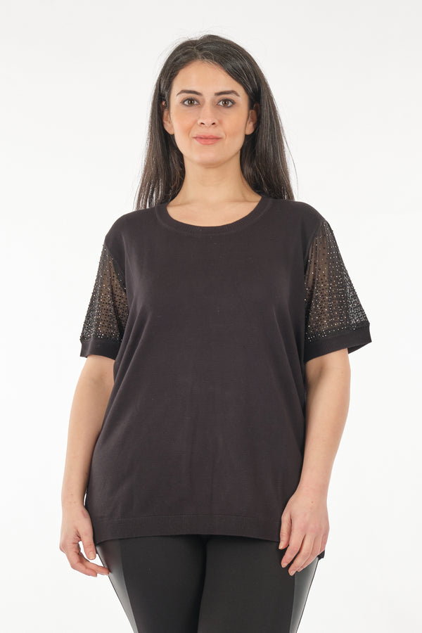 Vedi-bb Oversize Kısa Kol Taş Detaylı Minimalist Kadın Triko