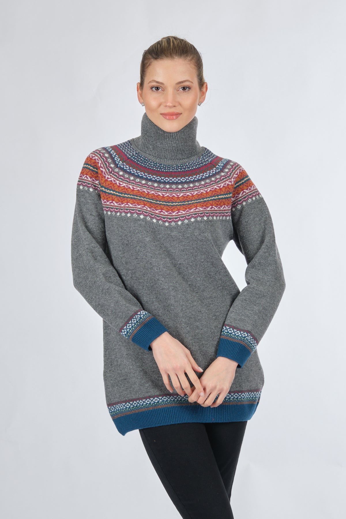 Desen Oversize Boğazlı Midi Tunik Kazak - Kışlık Sıcaklık ve Şıklık