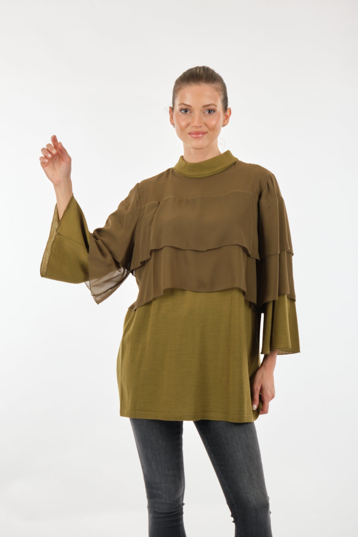 Twomail Katlı Detaylı Şifon Tunik - Oversize Midi Günlük Kadın Main image