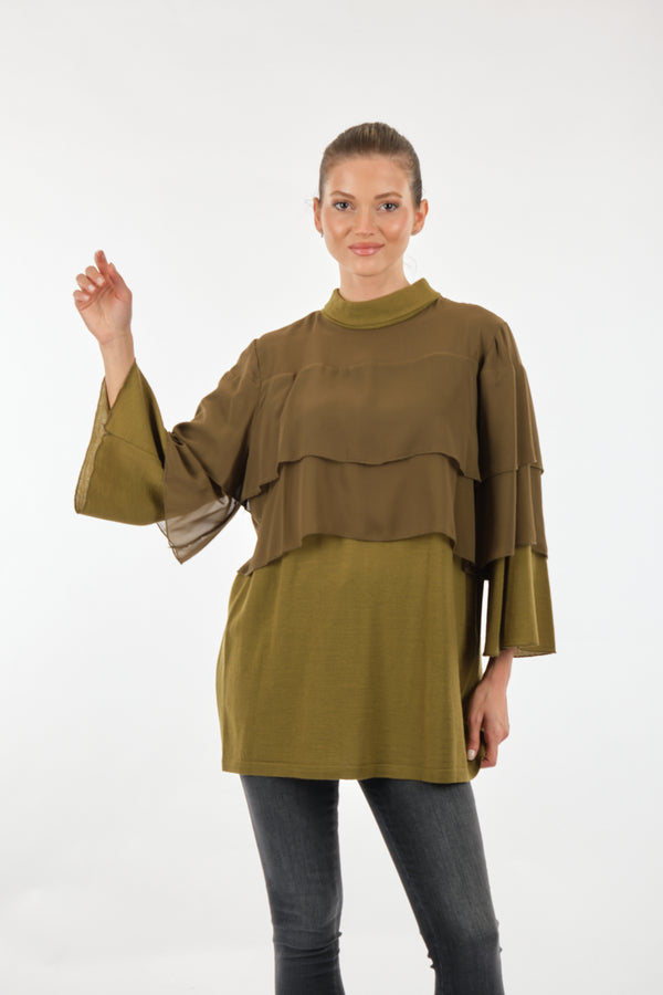 Twomail Katlı Detaylı Şifon Tunik - Oversize Midi Günlük Kadın