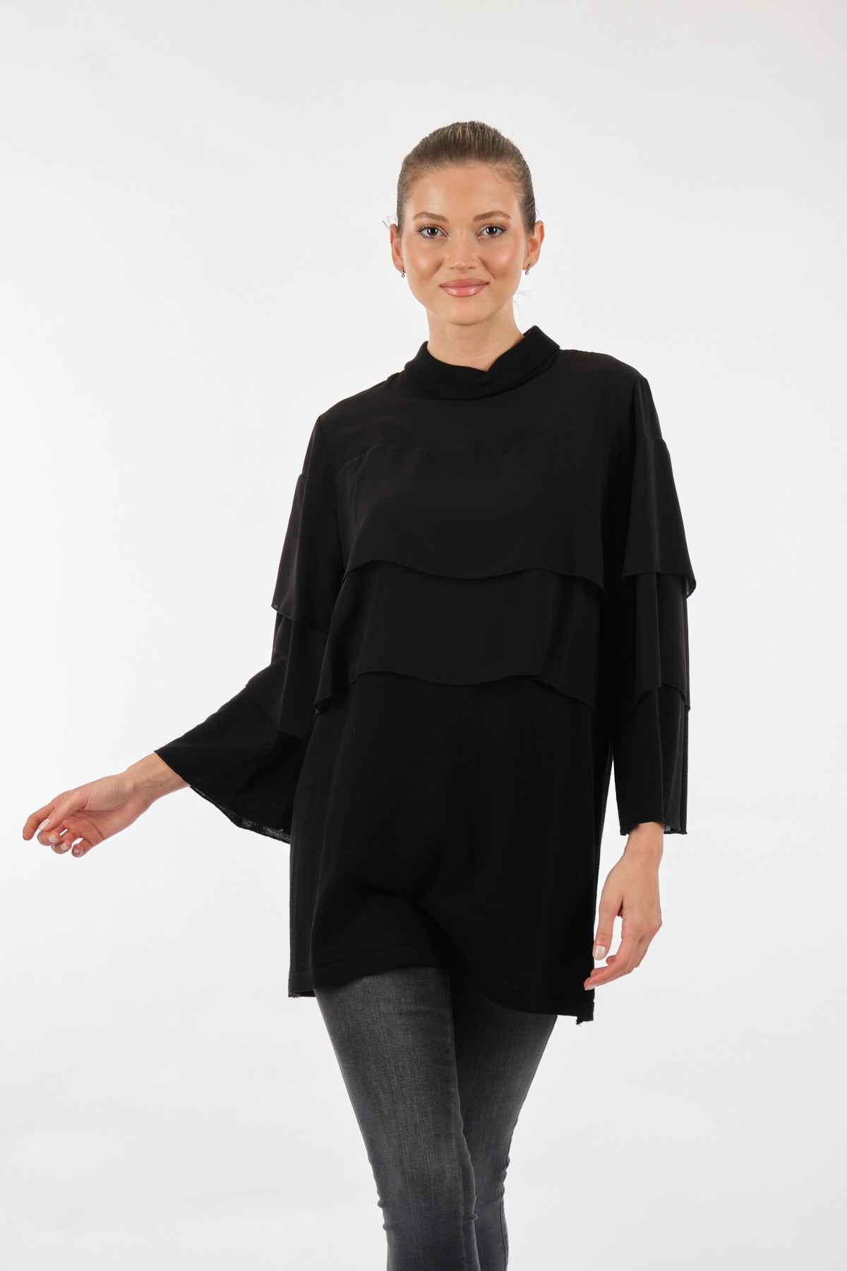 Twomail Katlı Detaylı Şifon Tunik - Oversize Midi Günlük Kadın Secondary image