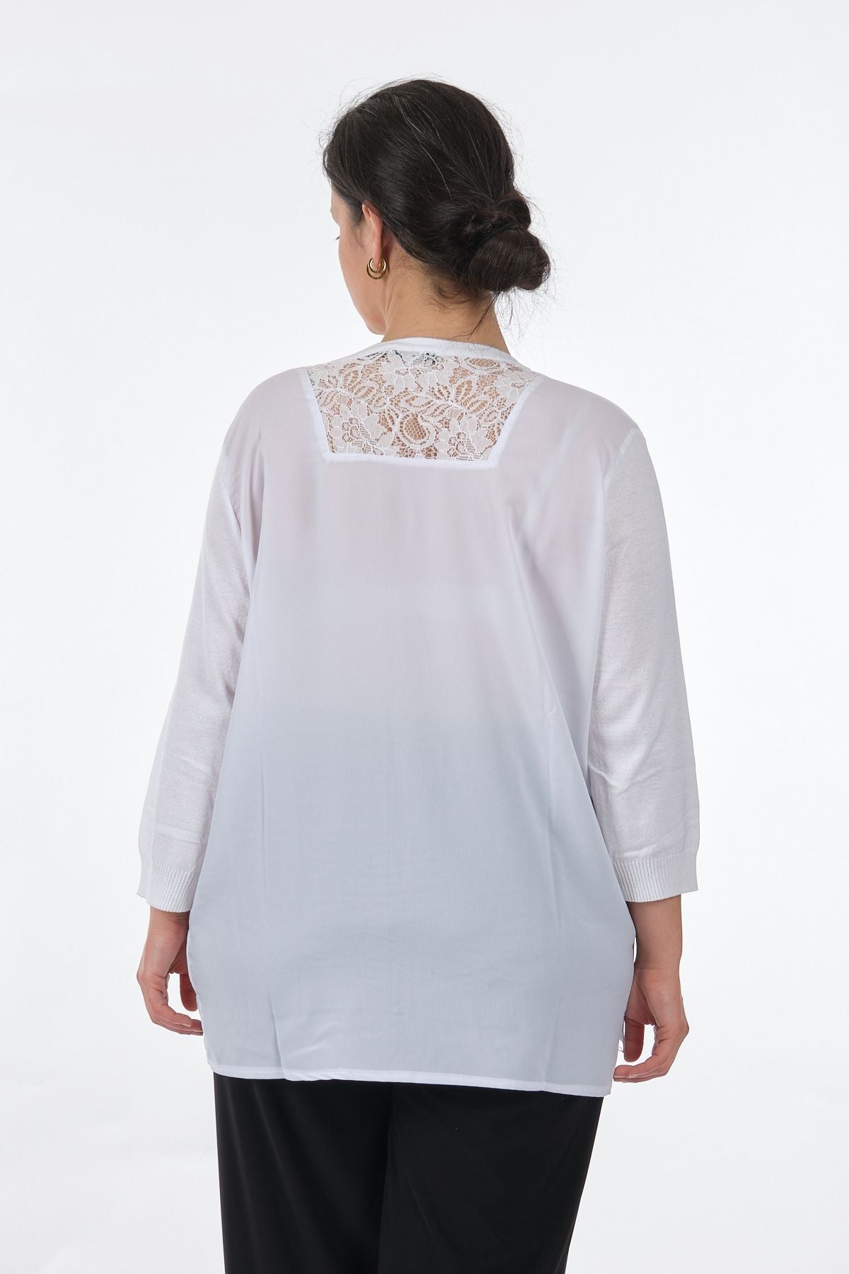 Twomail V Yaka Oversize Minimalist Kadın Bluz - 3/4 Kol - Günlük