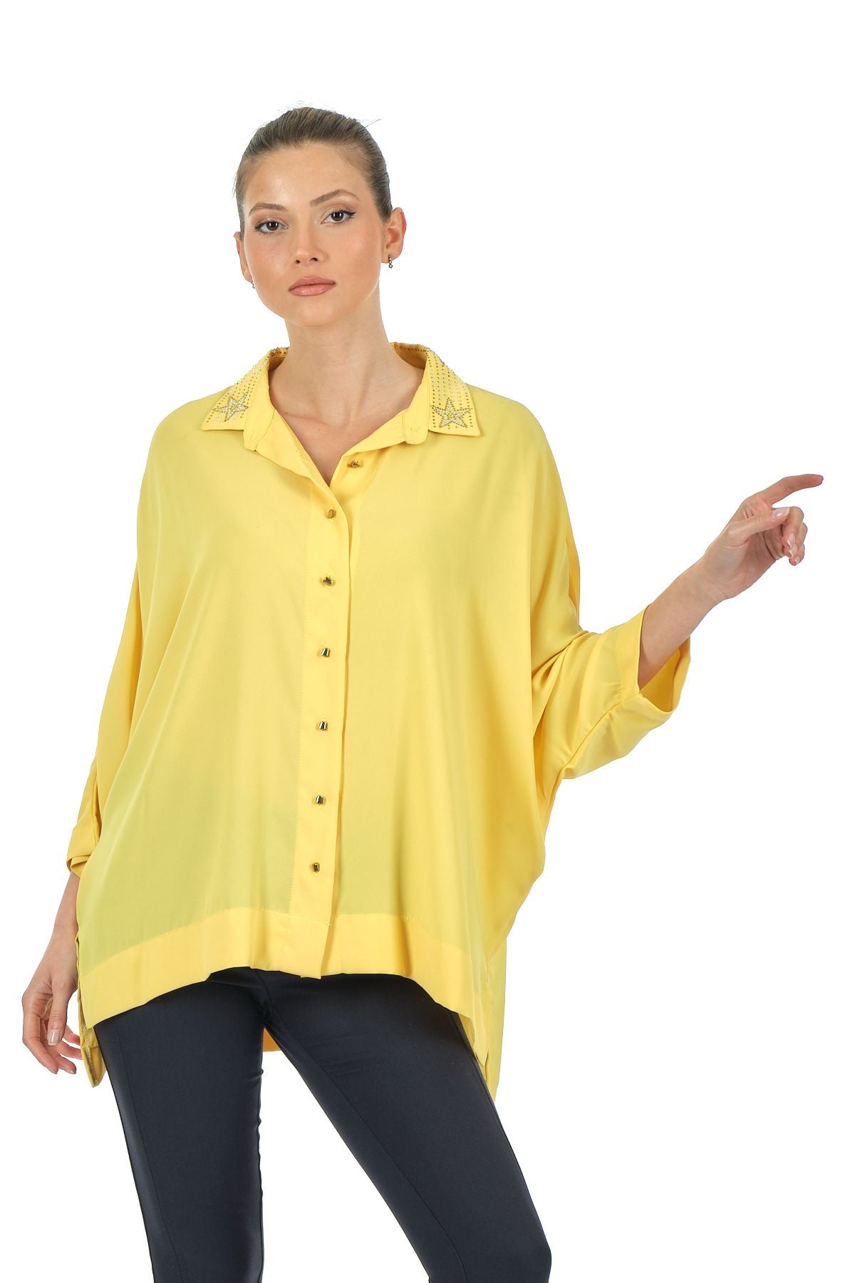 Twomail Oversize Minimalist 3/4 Kol Şifon Gömlek - Günlük Kullanım