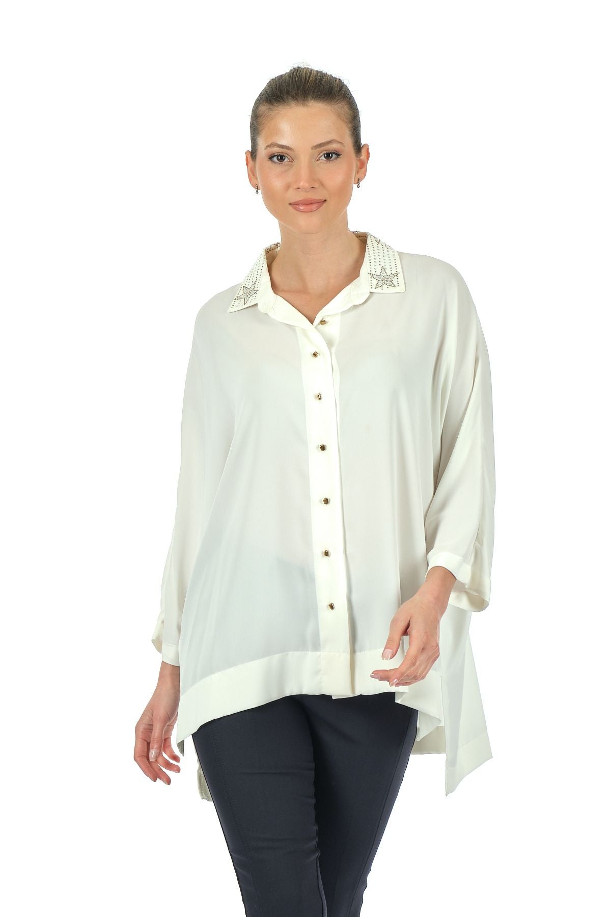 Twomail Oversize Minimalist 3/4 Kol Şifon Gömlek - Günlük Kullanım
