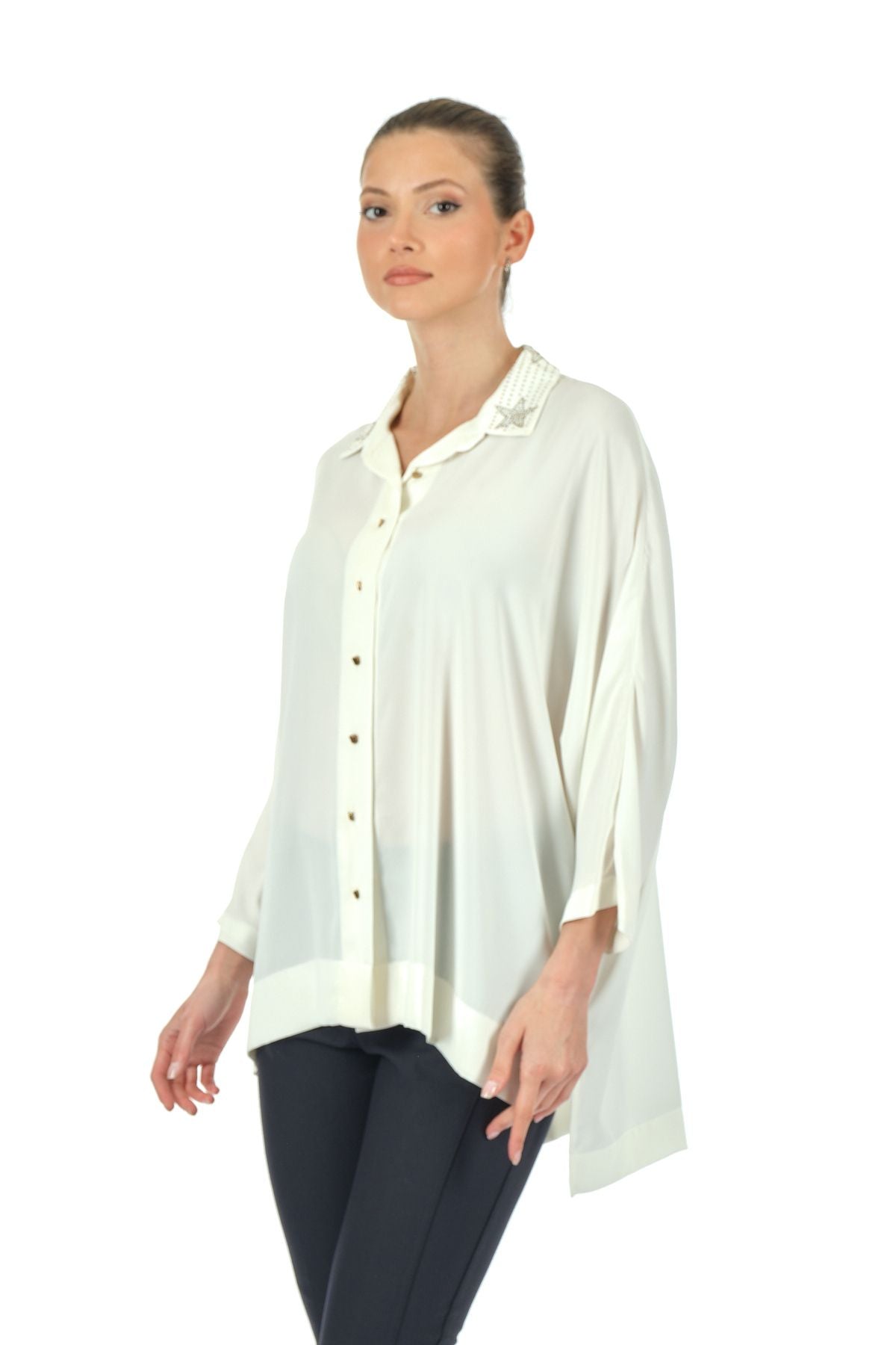 Twomail Oversize Minimalist 3/4 Kol Şifon Gömlek - Günlük Kullanım