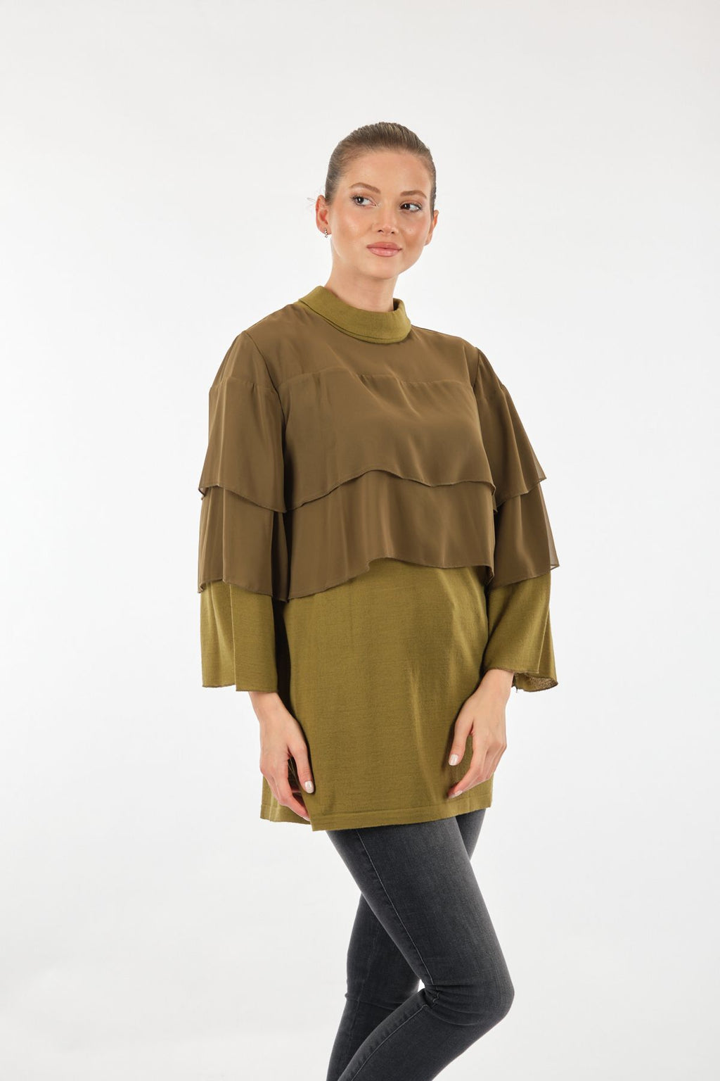 Twomail Katlı Detaylı Şifon Tunik - Oversize Midi Günlük Kadın