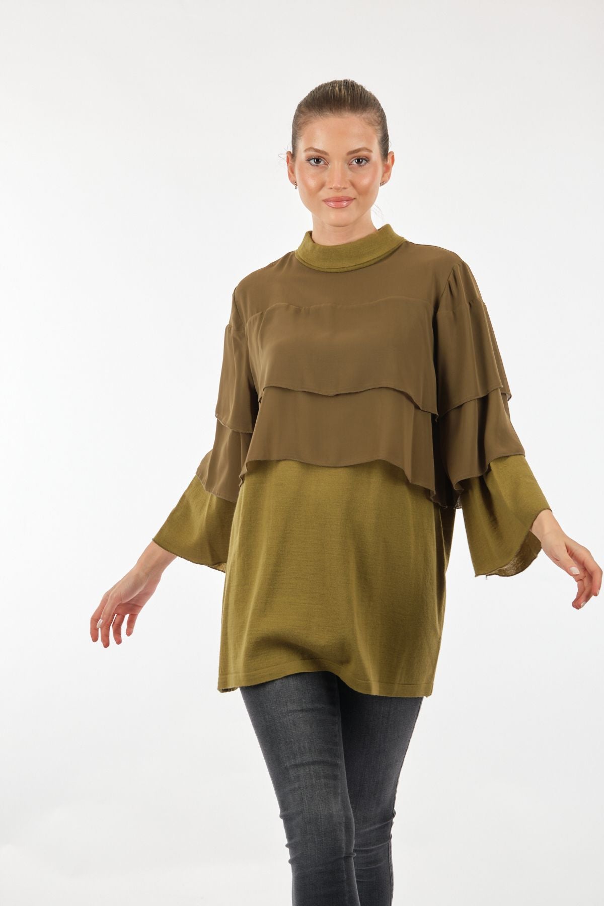 Twomail Katlı Detaylı Şifon Tunik - Oversize Midi Günlük Kadın