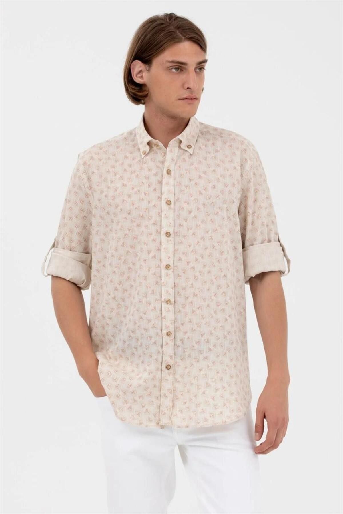 U.S. Polo Assn. Erkek Uzun Kol Geometrik Desen Gömlek - Minimalist Stil