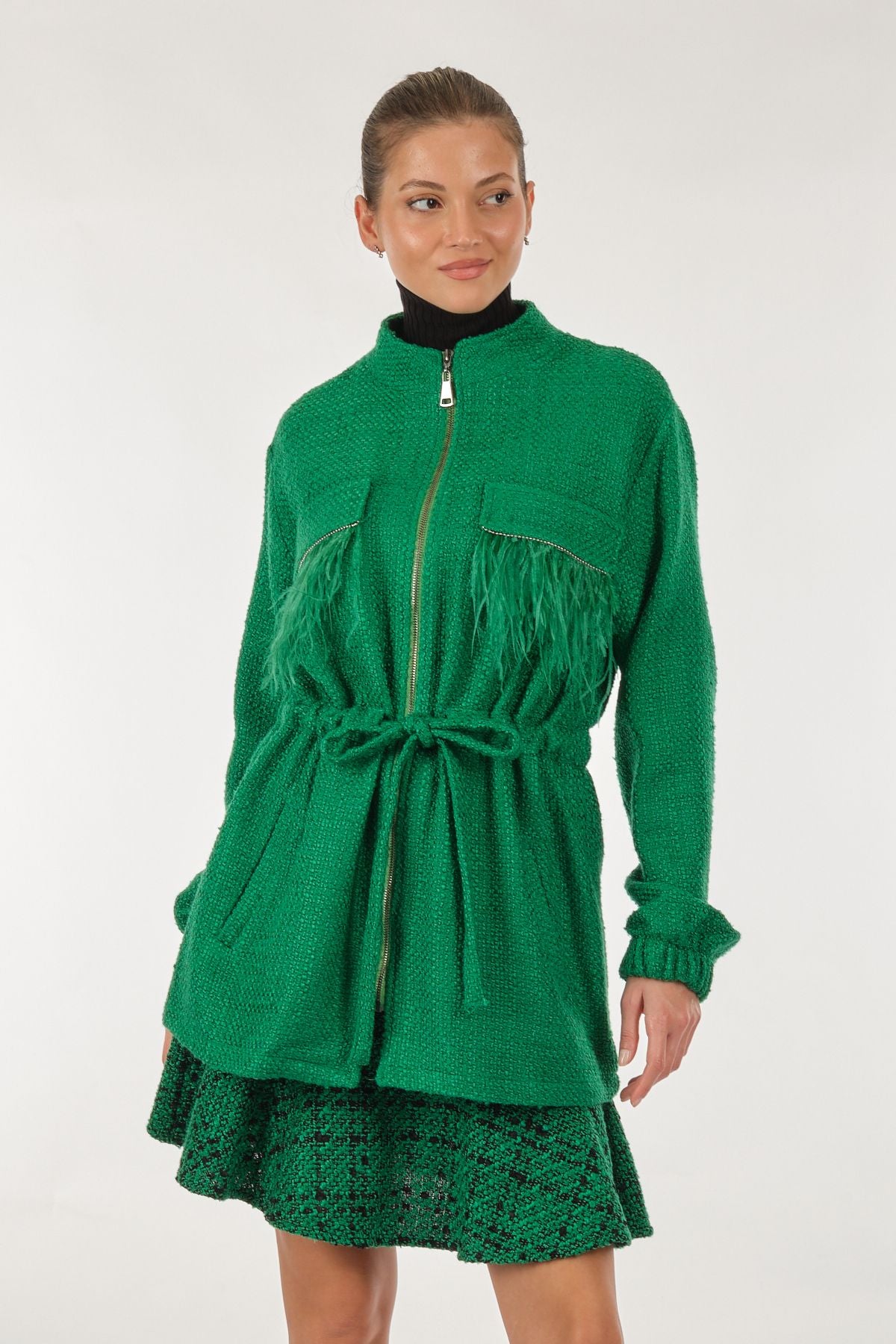 Unique Mode Oversize Tüy Detaylı Midi Kadın Ceket - Vintage Stil Main image