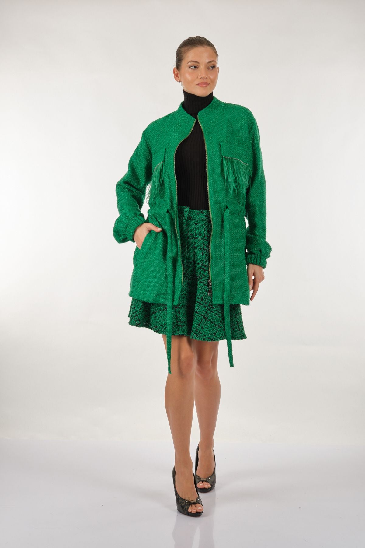 Unique Mode Oversize Tüy Detaylı Midi Kadın Ceket - Vintage Stil