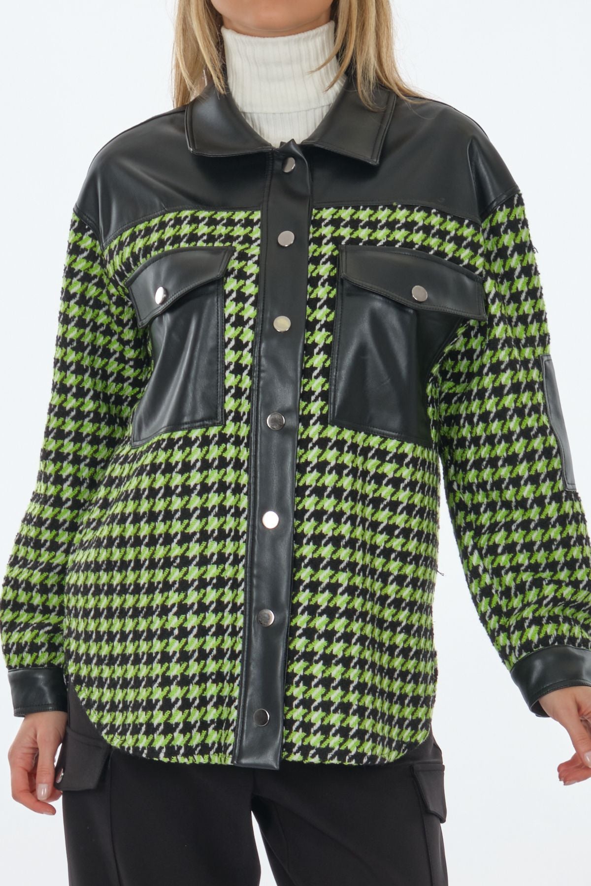 Unique Mode Oversize Gömlek Yaka Kazayağı Desenli Kadın Ceket - Trend