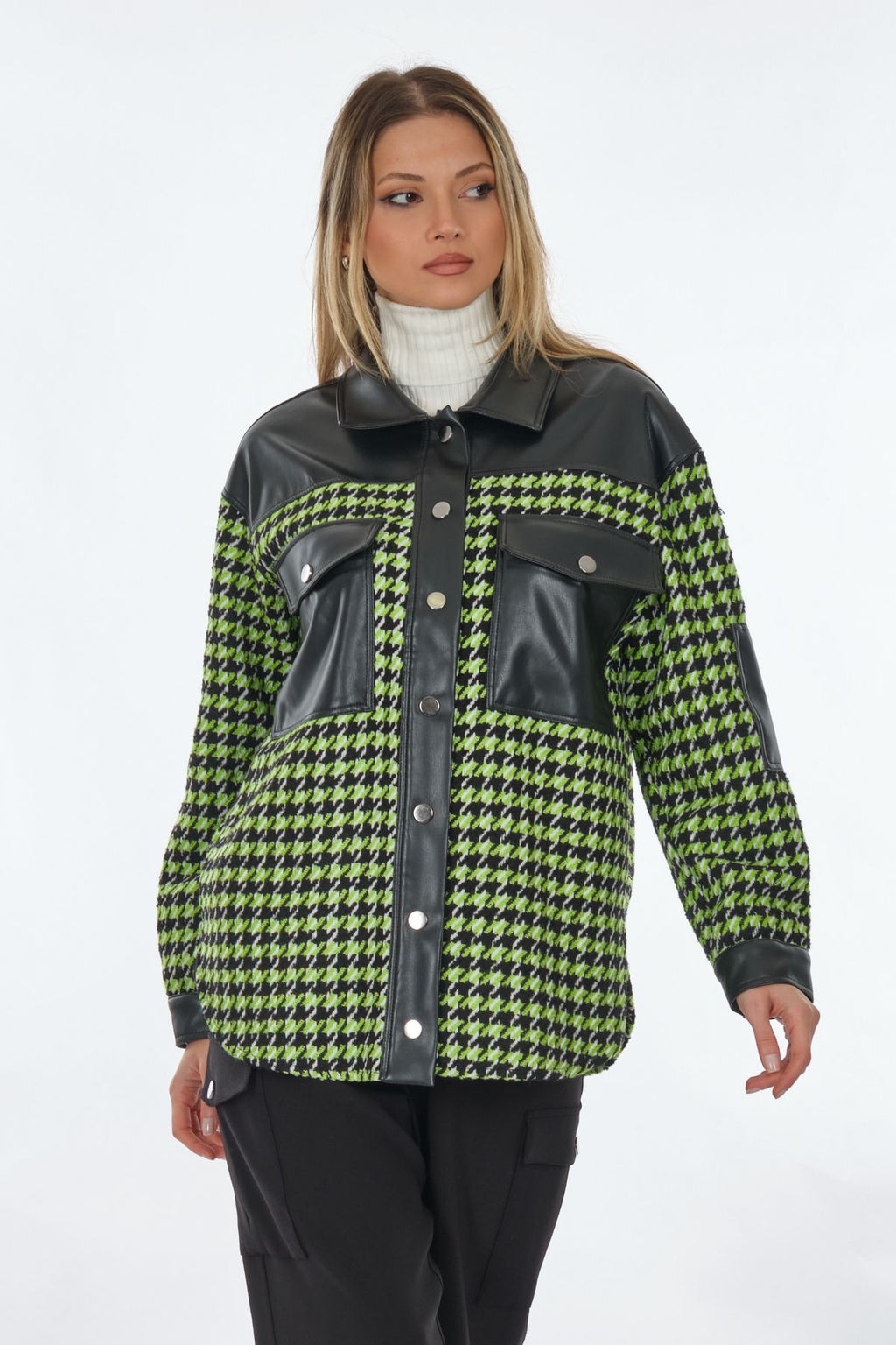 Unique Mode Oversize Gömlek Yaka Kazayağı Desenli Kadın Ceket - Trend