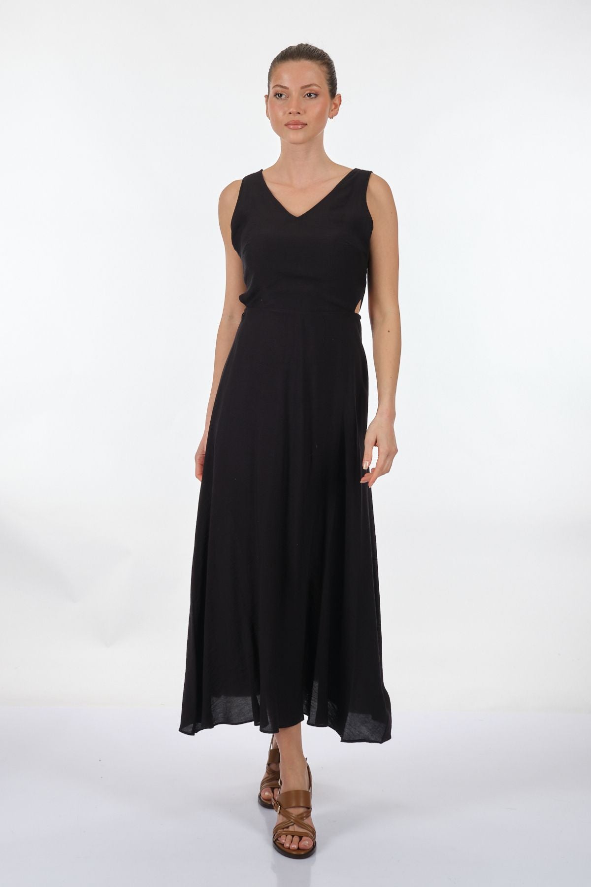 Unique Mode V Yaka Kolsuz Maxi Günlük Elbise - Minimalist Bohem Stil