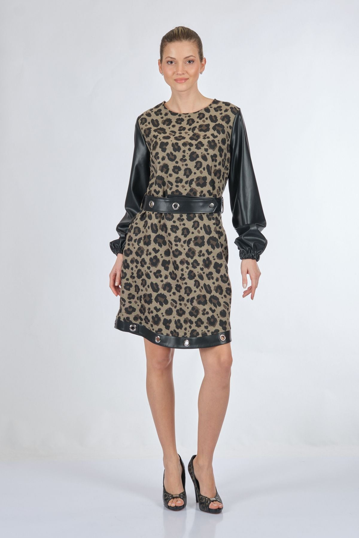 Unique Mode Leopar Desenli Midi Elbise - Deri Detaylı Uzun Kol Main image