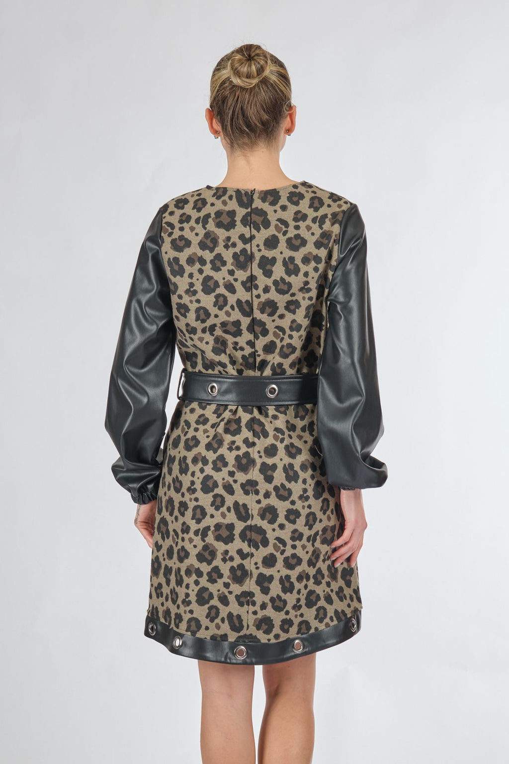 Unique Mode Leopar Desenli Midi Elbise - Deri Detaylı Uzun Kol