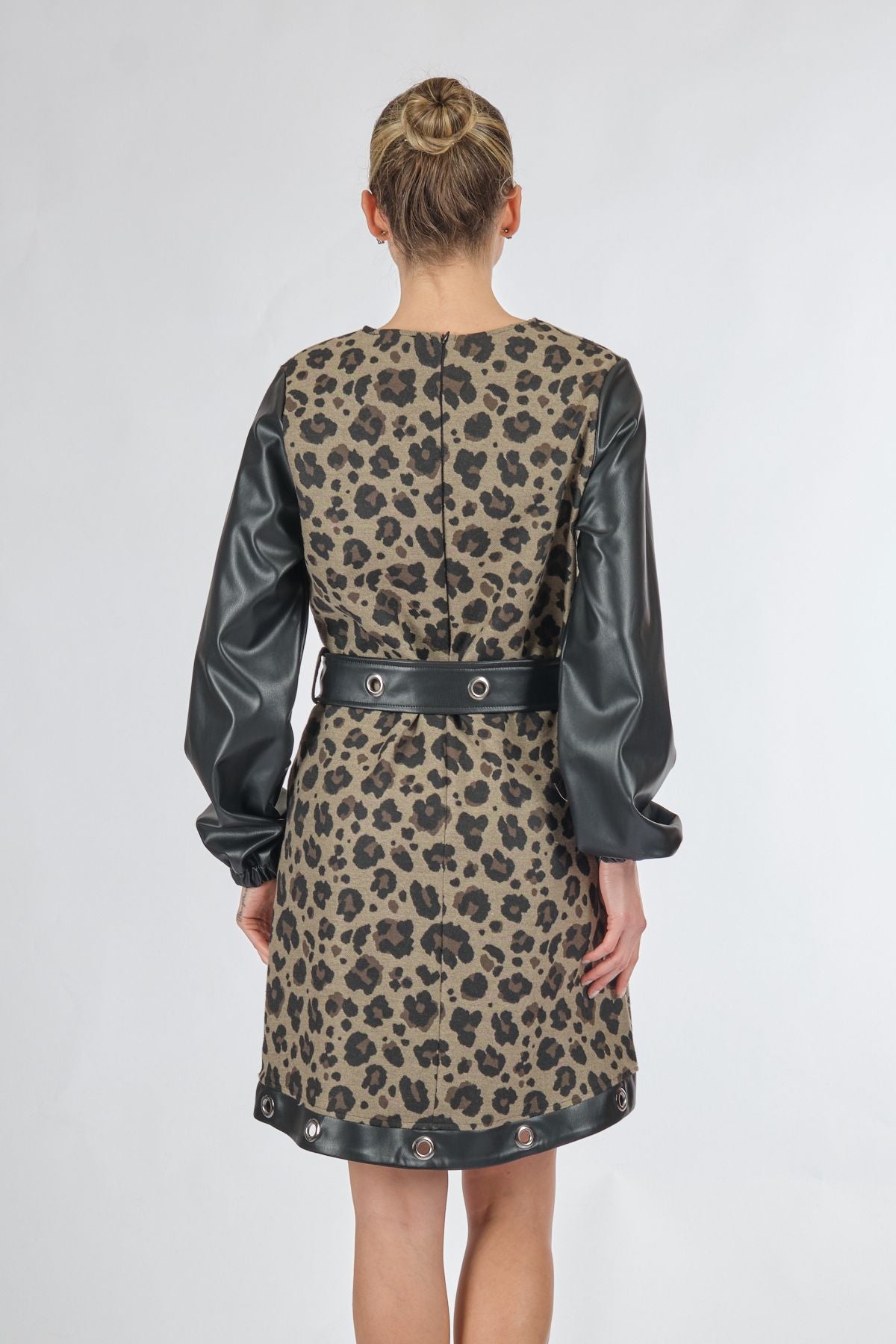 Unique Mode Leopar Desenli Midi Elbise - Deri Detaylı Uzun Kol