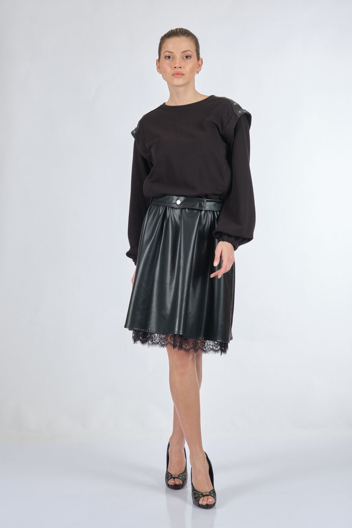Unique Mode Oversize Midi Günlük Deri Elbise - Dantel Detay Secondary image