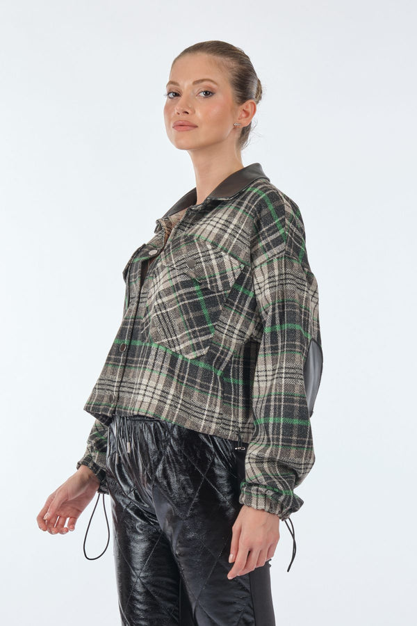 Unique Mode Oversize Crop Ekose Gömlek - Deri Detaylı - Minimalist