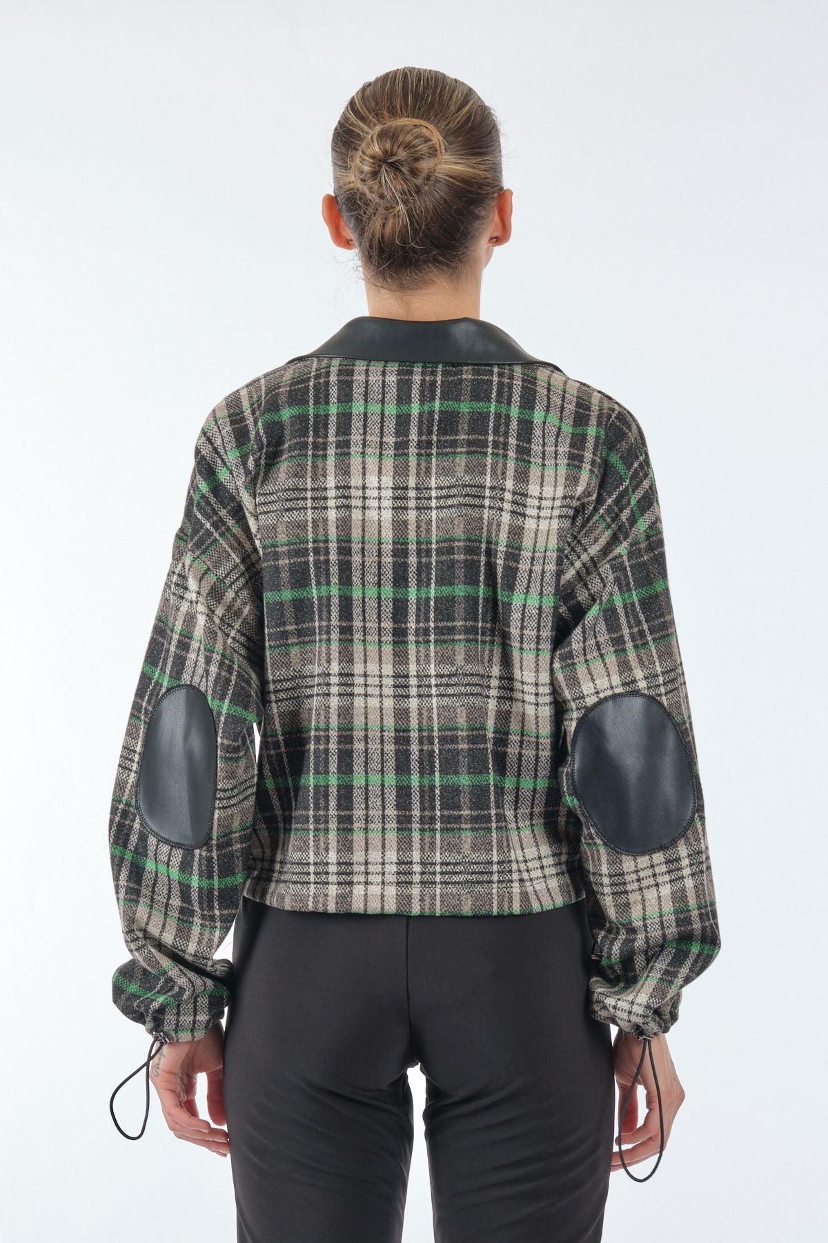 Unique Mode Oversize Crop Ekose Gömlek - Deri Detaylı - Minimalist