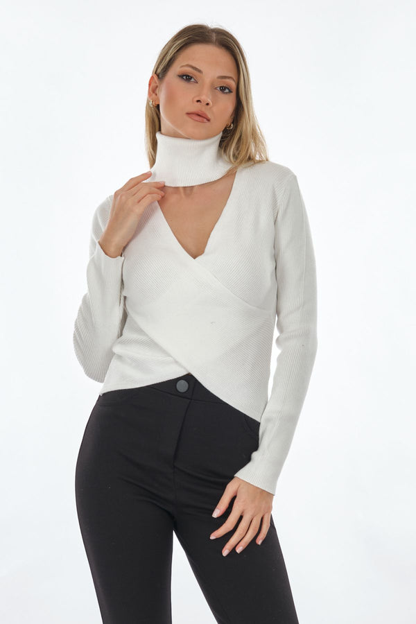 Unique Mode Minimalist Boğazlı Çapraz Crop Kadın Kazak - Uzun Kol