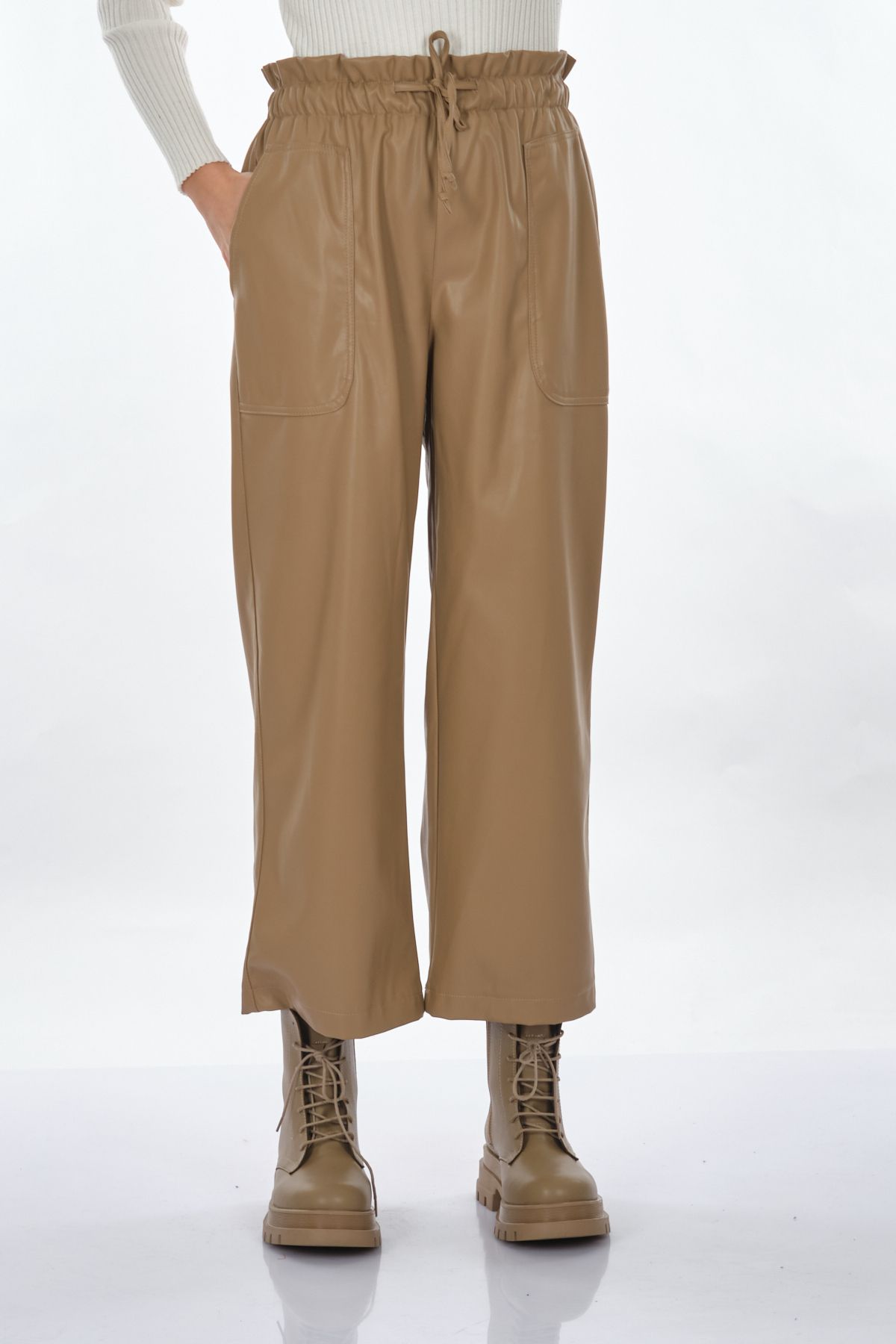 Unique Mode Deri Look Yüksek Bel Midi Crop Pantolon - Günlük Şıklık