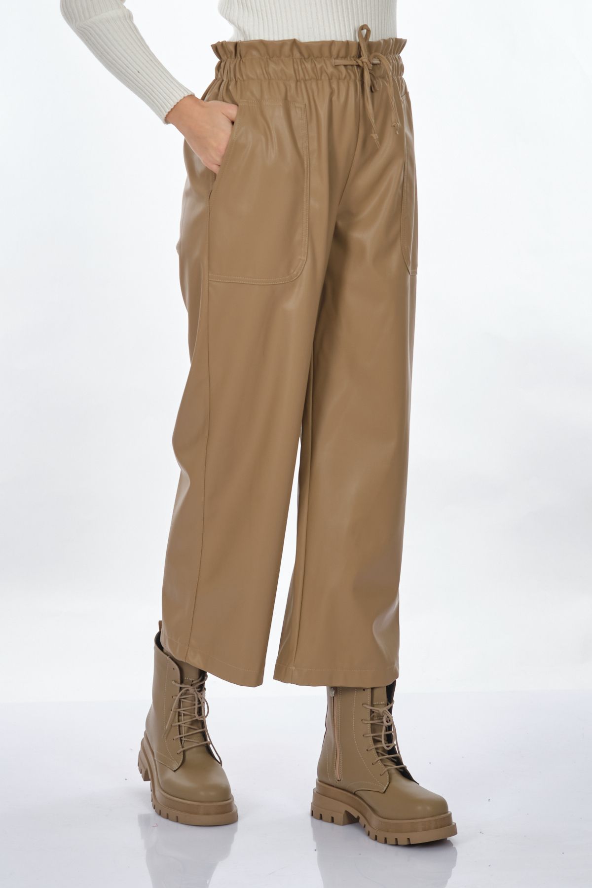 Unique Mode Deri Look Yüksek Bel Midi Crop Pantolon - Günlük Şıklık