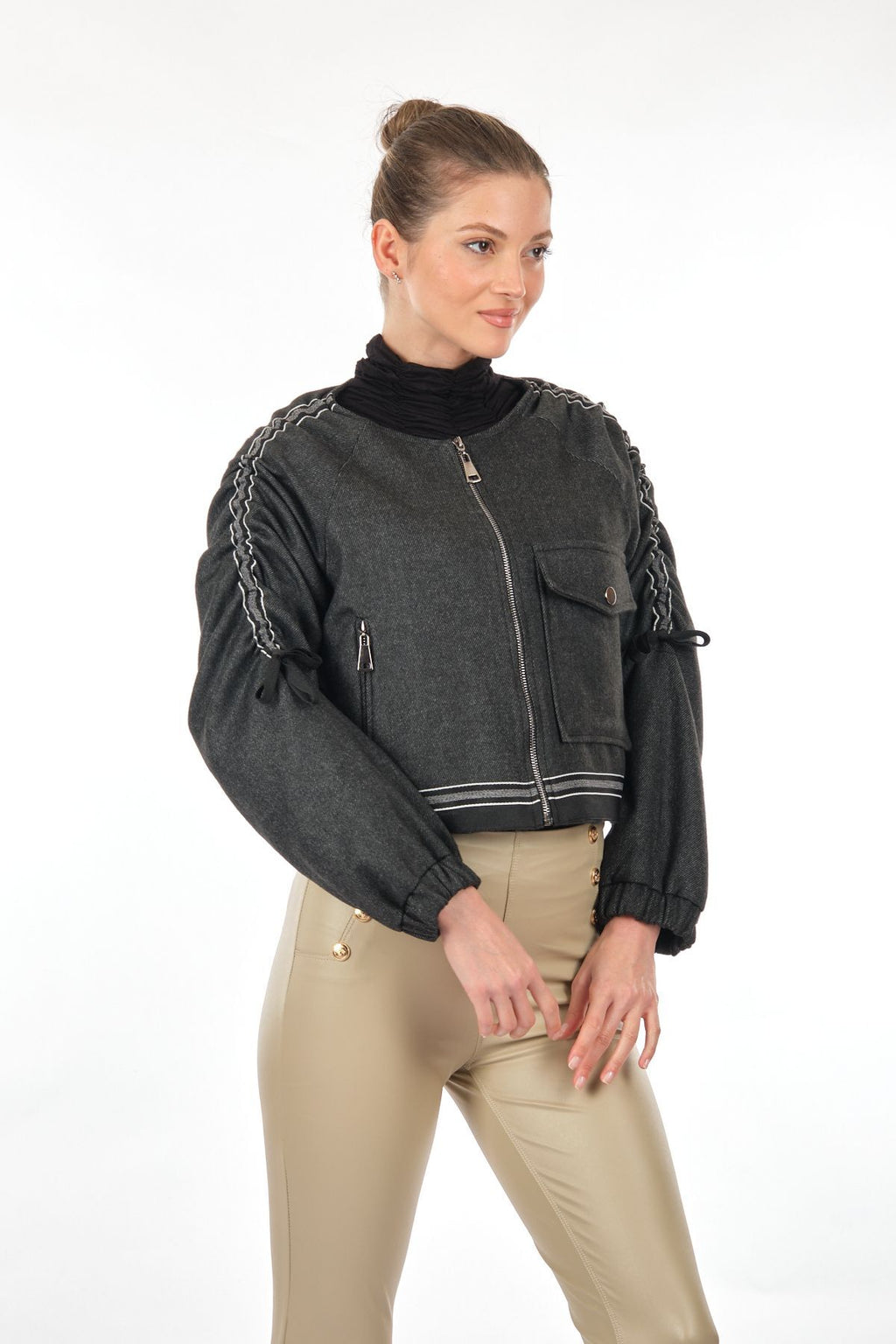 Unique Mode Minimalist Crop Ceket - Büzgülü Kollu - Oversize