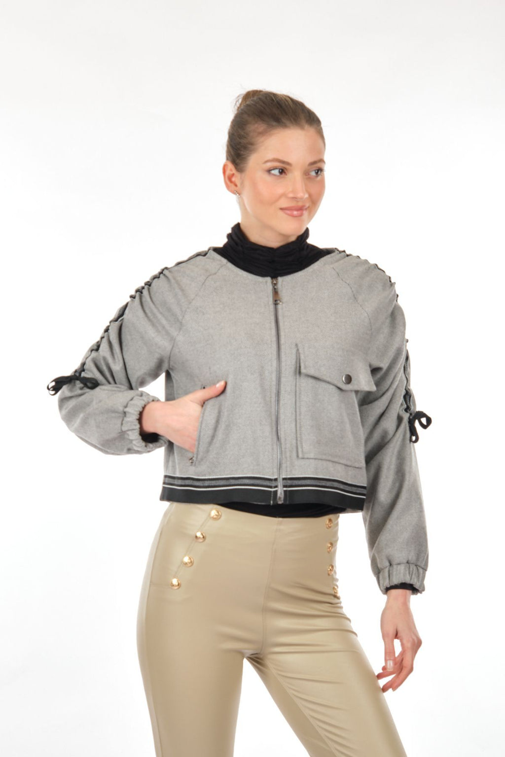 Unique Mode Minimalist Crop Ceket - Büzgülü Kollu - Oversize