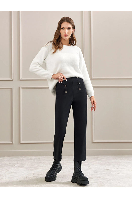 Unique Mode Minimalist Yüksek Bel Midi Pantolon - Düğme Detay