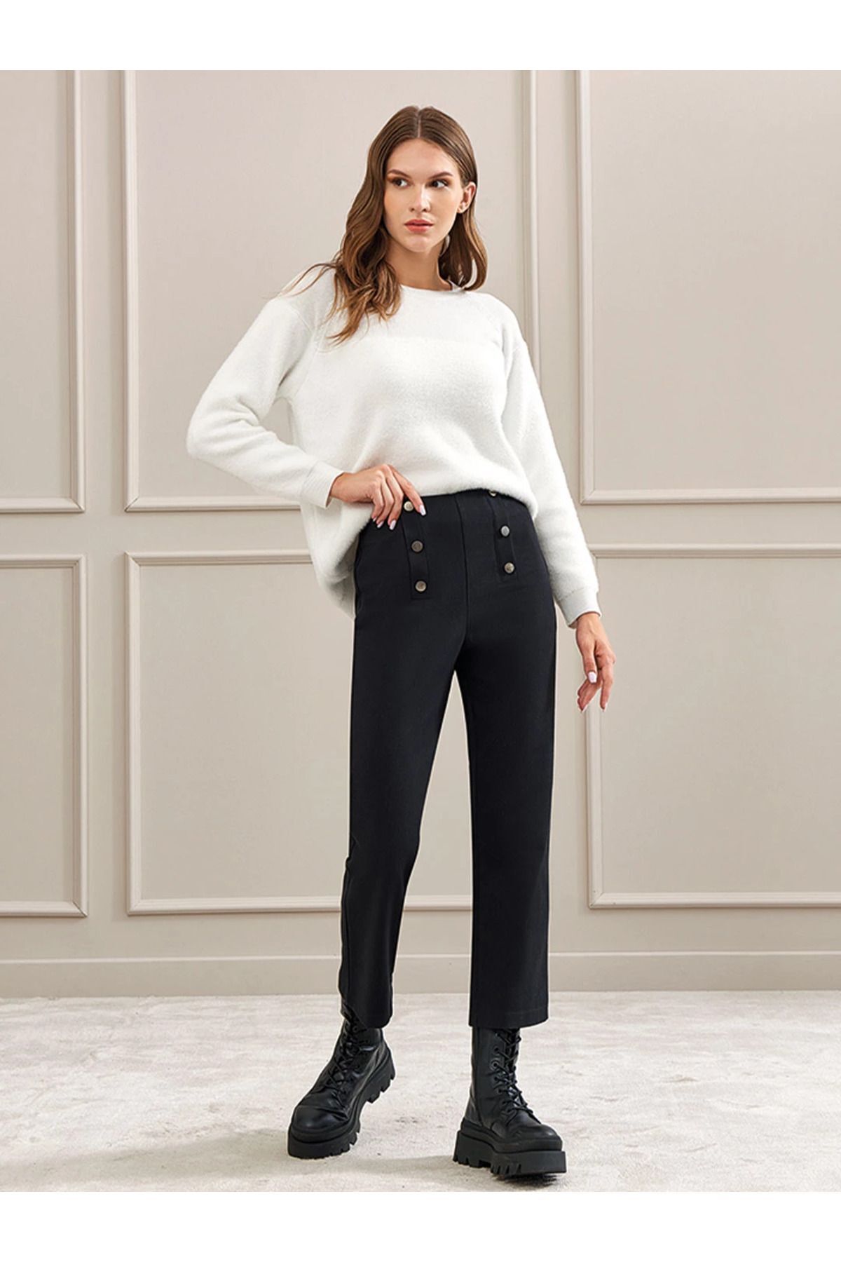 Unique Mode Minimalist Yüksek Bel Midi Pantolon - Düğme Detay