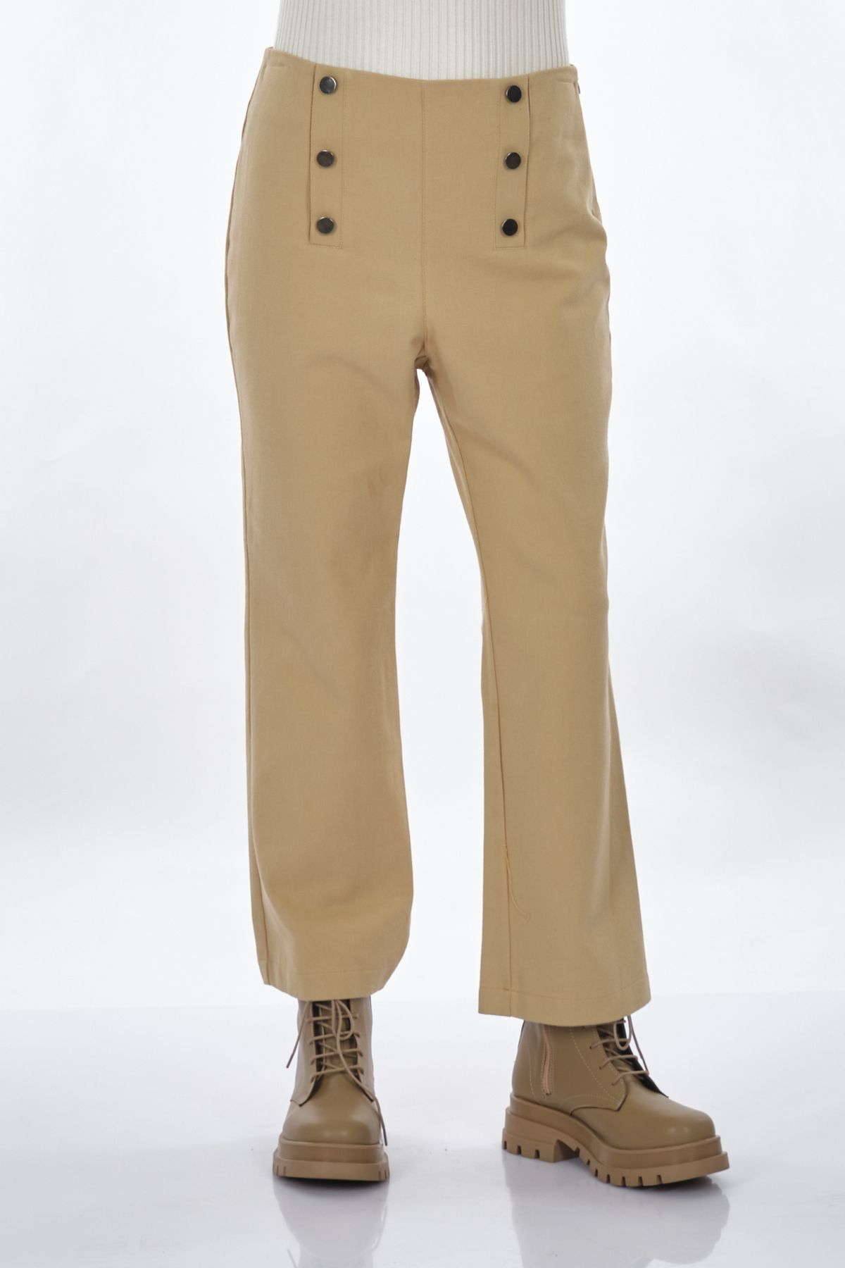 Unique Mode Minimalist Yüksek Bel Midi Pantolon - Düğme Detay