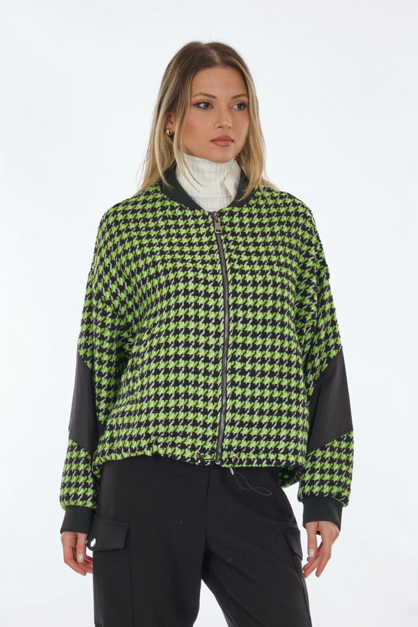 Unique Mode Oversize Houndstooth Desenli Fermuarlı Kadın Ceket - Günlük Şıklık