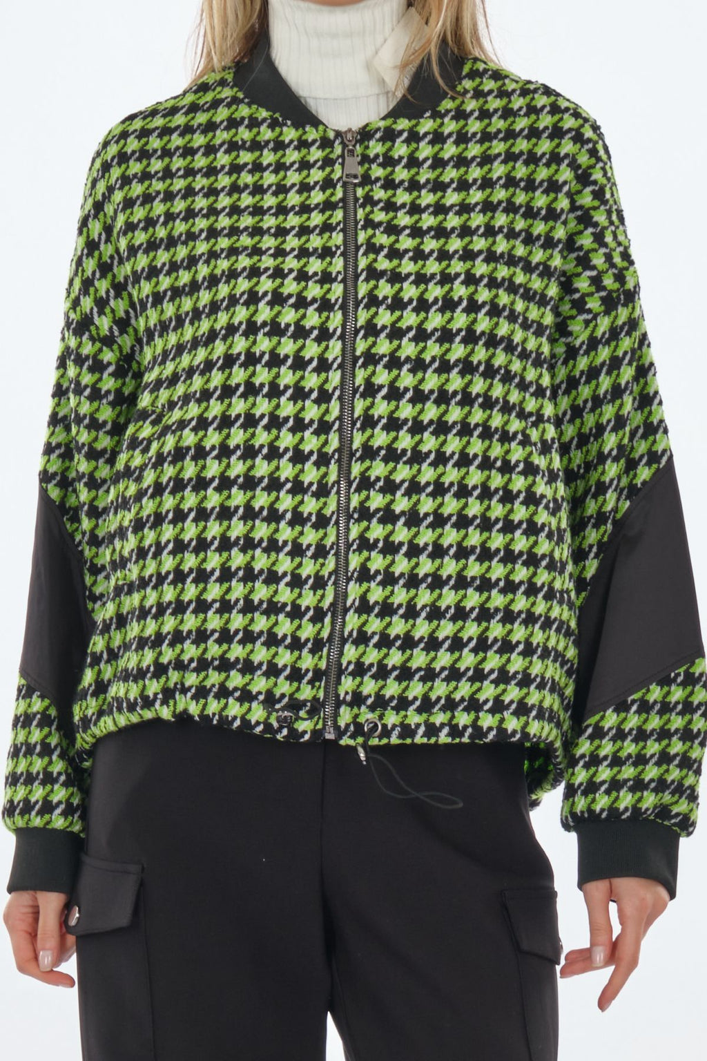 Unique Mode Oversize Houndstooth Desenli Fermuarlı Kadın Ceket - Günlük Şıklık