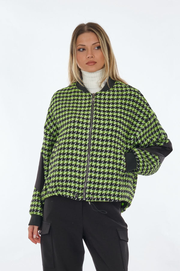 Unique Mode Oversize Houndstooth Desenli Fermuarlı Kadın Ceket - Günlük Şıklık