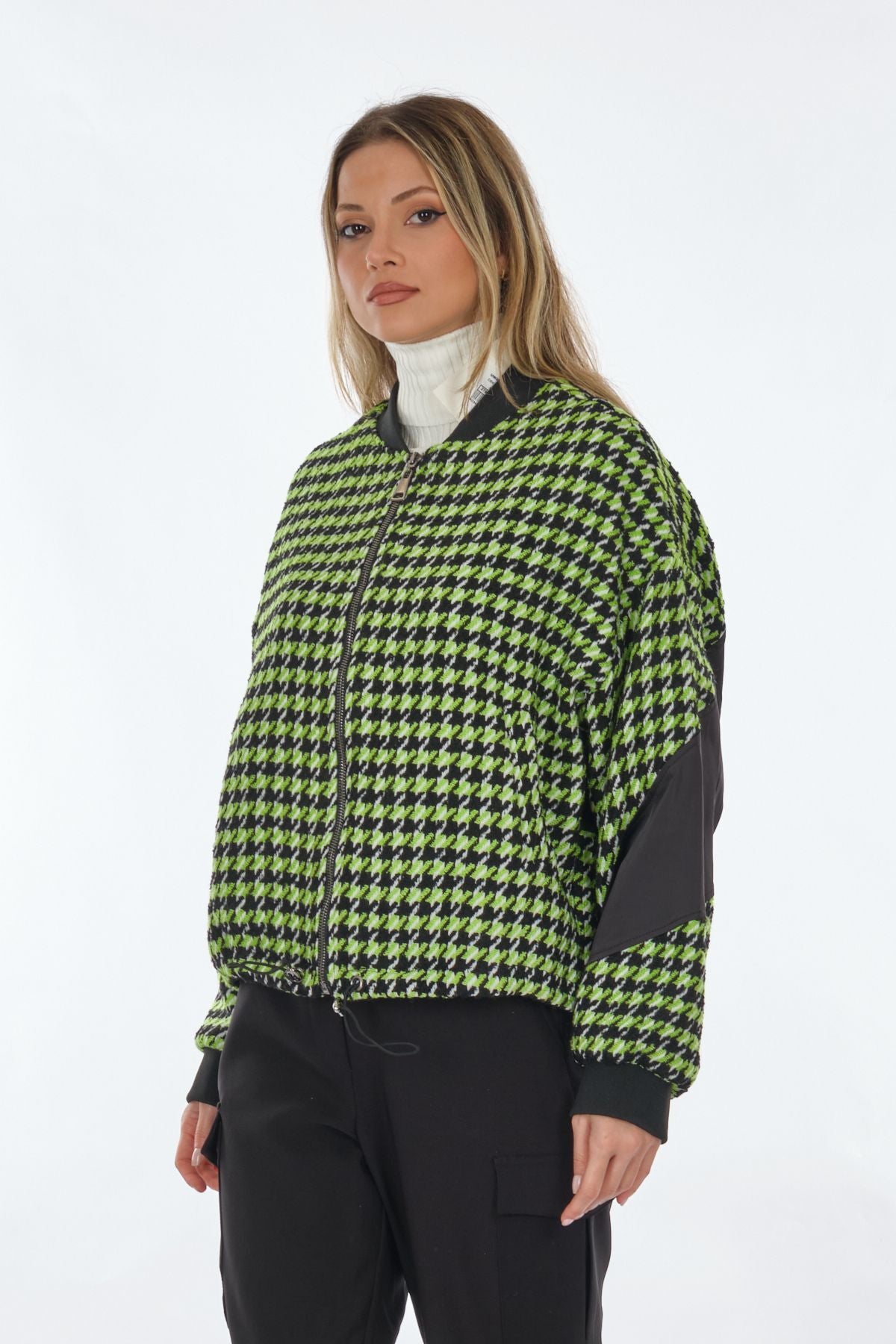 Unique Mode Oversize Houndstooth Desenli Fermuarlı Kadın Ceket - Günlük Şıklık