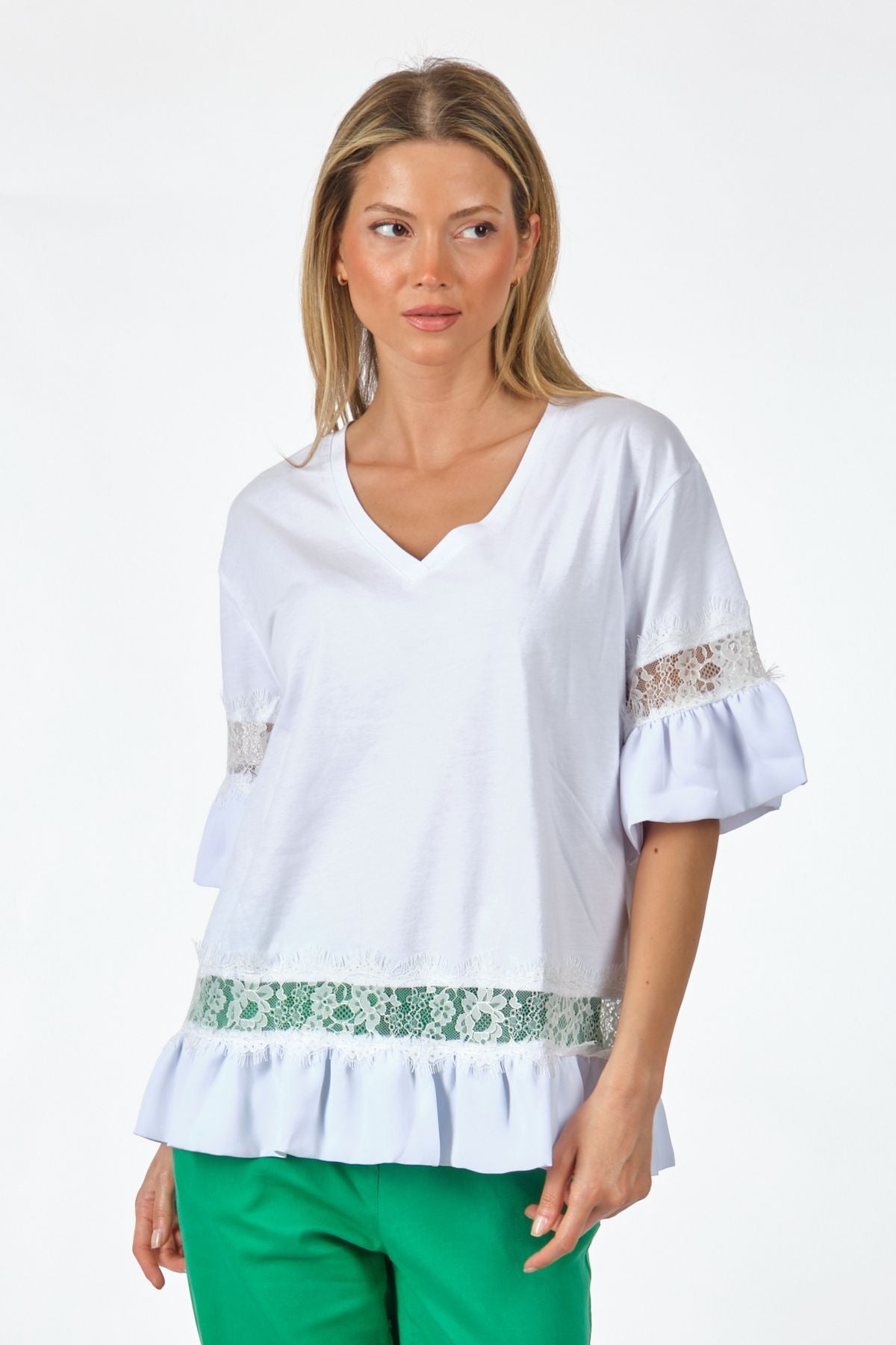 Unique Mode Oversize V Yaka Dantelli Kadın T-Shirt - Günlük Stil Main image