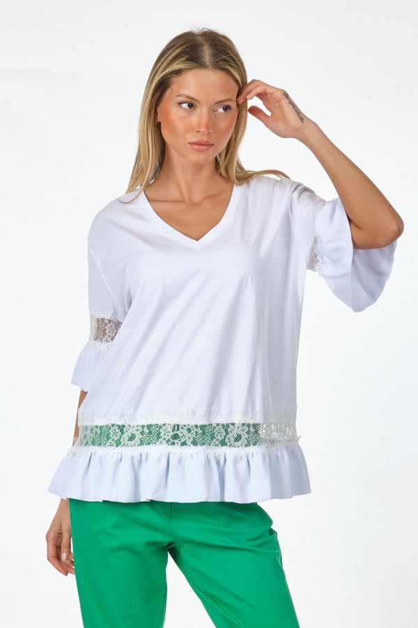 Unique Mode Oversize V Yaka Dantelli Kadın T-Shirt - Günlük Stil