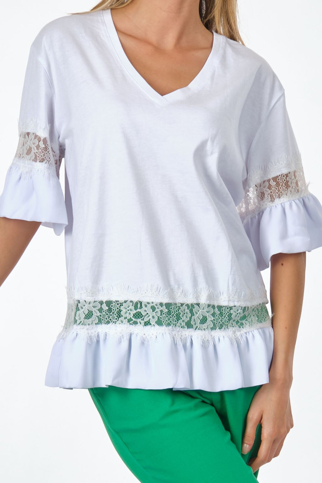 Unique Mode Oversize V Yaka Dantelli Kadın T-Shirt - Günlük Stil