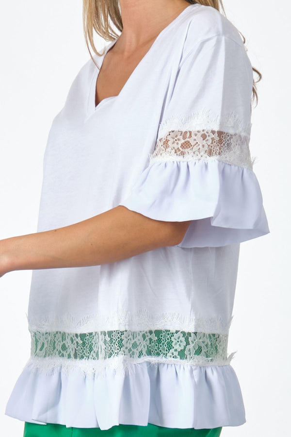 Unique Mode Oversize V Yaka Dantelli Kadın T-Shirt - Günlük Stil