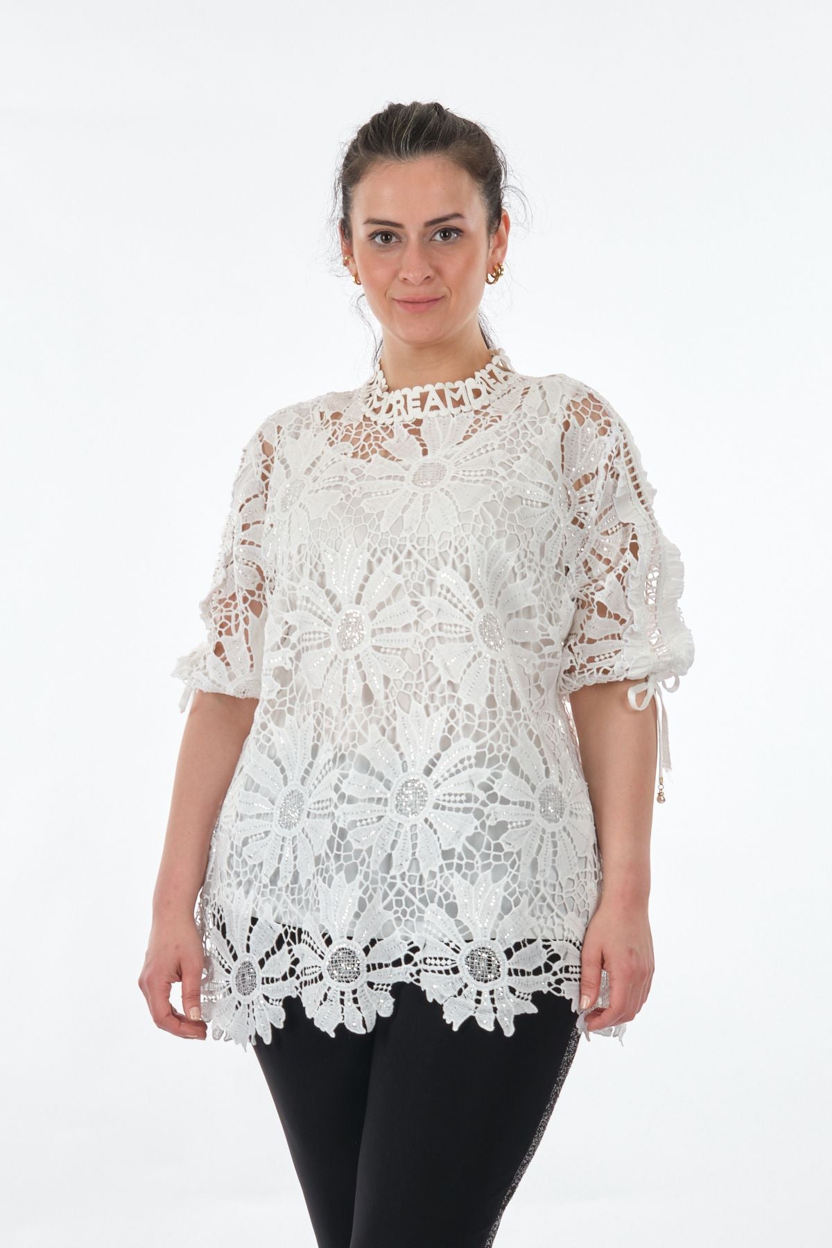 Vedi-bb Dantel Detaylı Oversize Midi Kadın Bluz - Günlük & Özel Gün Secondary image