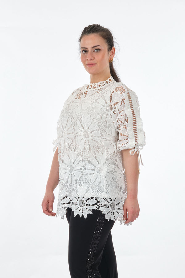 Vedi-bb Dantel Detaylı Oversize Midi Kadın Bluz - Günlük & Özel Gün