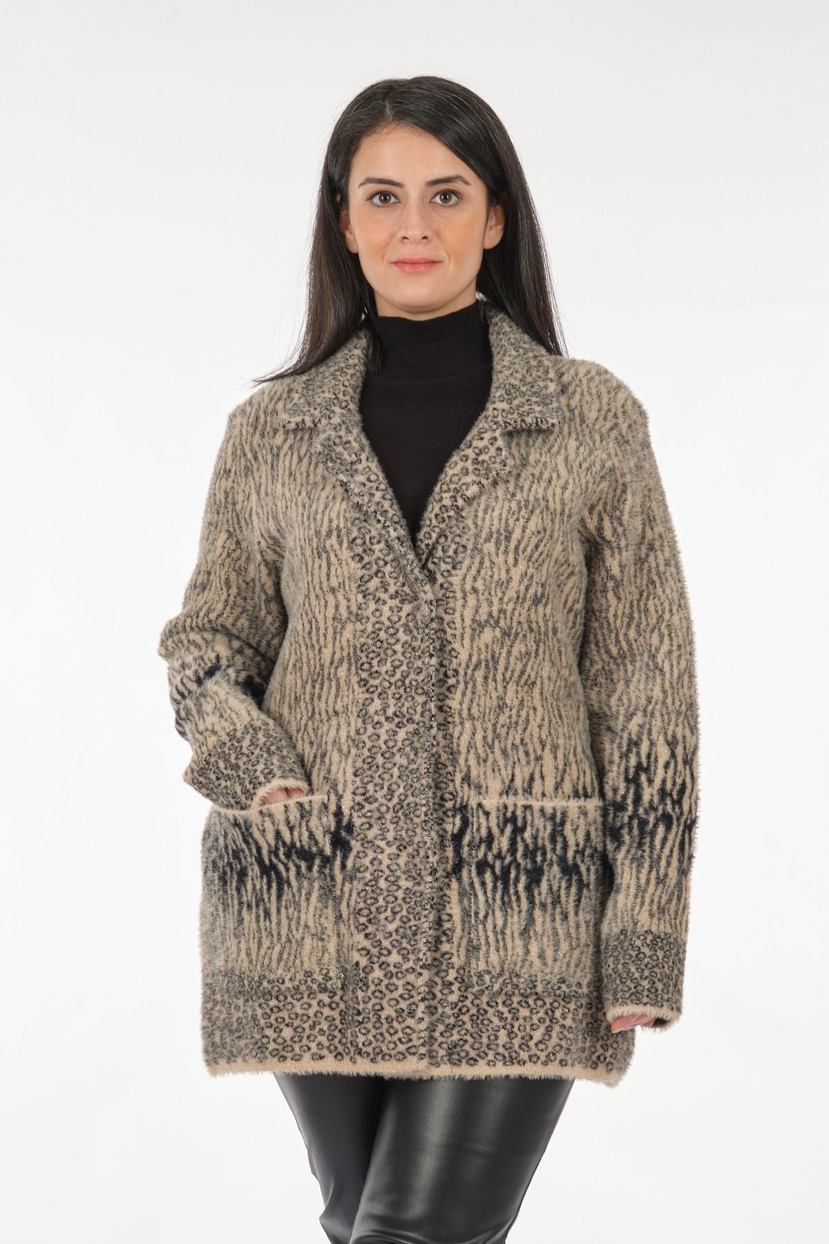 Vedi-bb Oversize Leopar Desenli Midi Kadın Ceket - Günlük Şıklık Main image