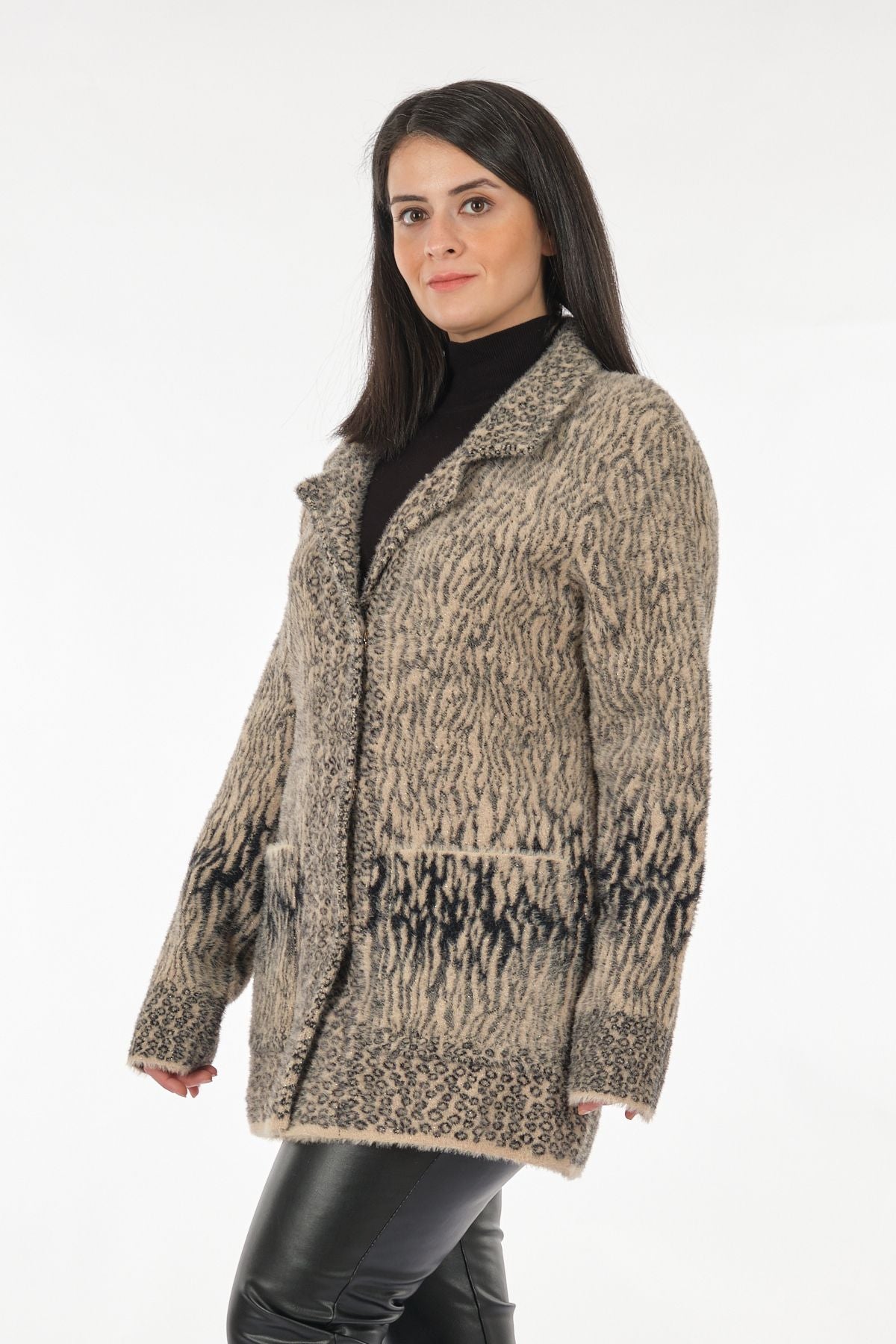 Vedi-bb Oversize Leopar Desenli Midi Kadın Ceket - Günlük Şıklık Secondary image