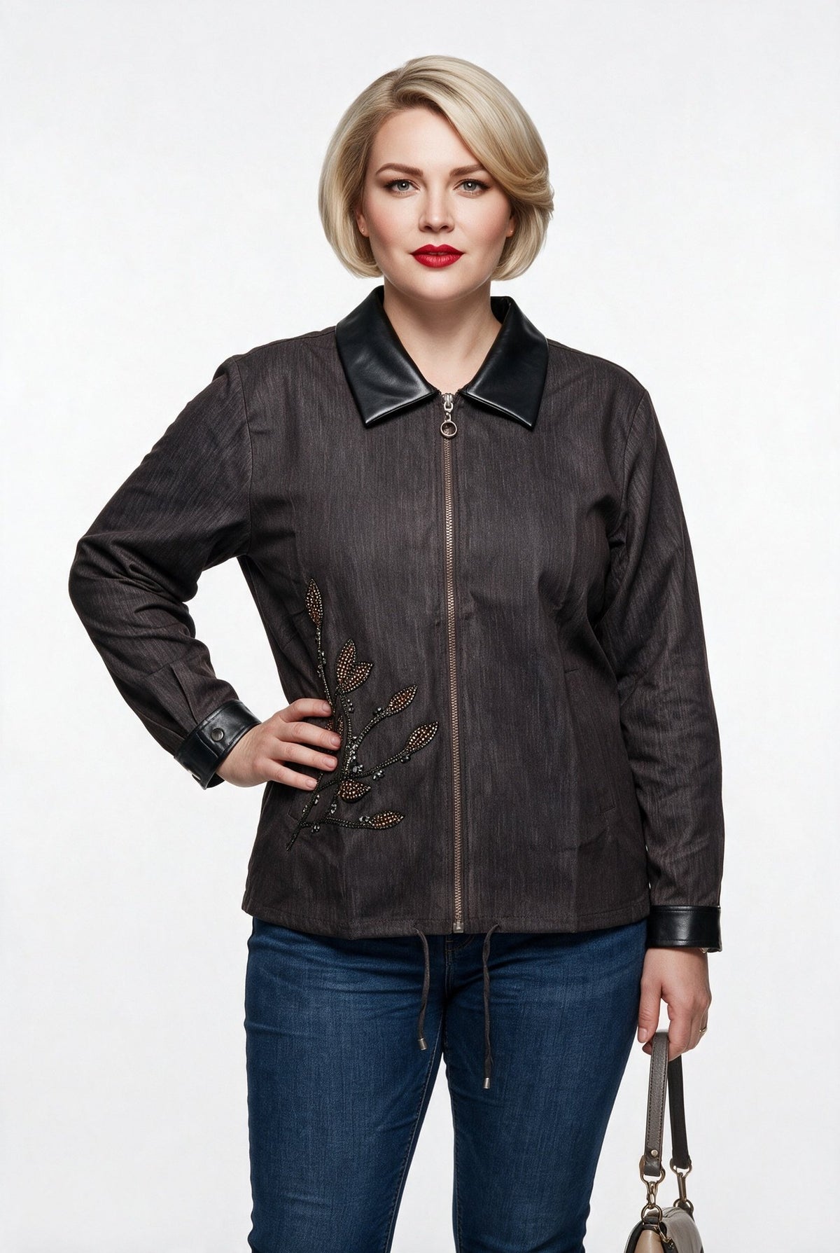 Vedi-bb Kadın Büyük Beden Jean Ceket Deri Yakalı İşlemeli Fermuarlı Main image