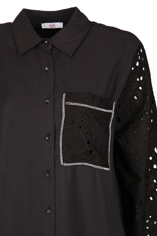 Vedi-bb Oversize Lace Detail Long Sleeve Women's Shirt - Minimalist Style