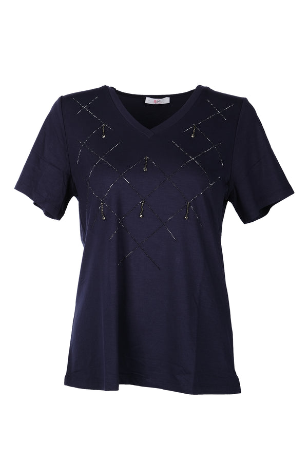 Vedi-bb Minimalist V Yaka Taş Detaylı Kadın T-Shirt - Kısa Kol