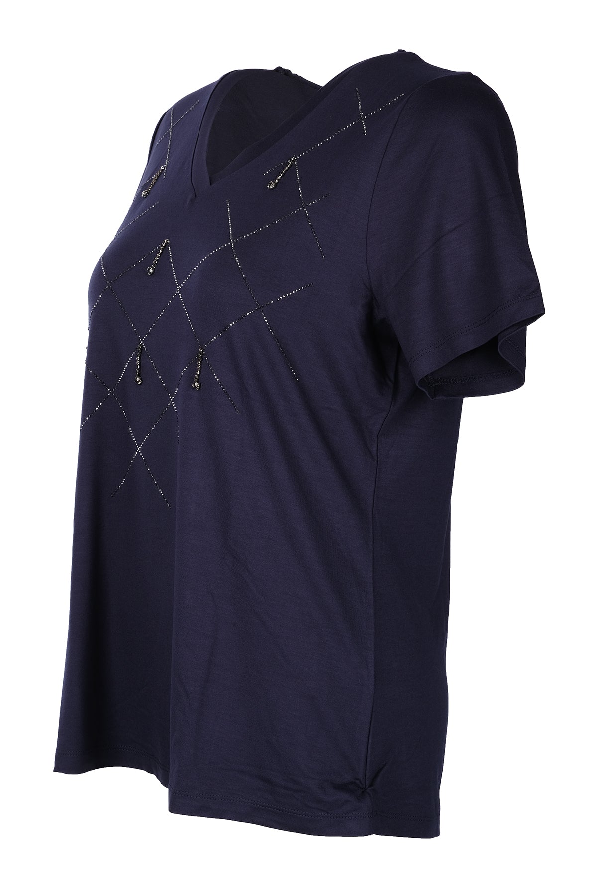 Vedi-bb Minimalist V Yaka Taş Detaylı Kadın T-Shirt - Kısa Kol