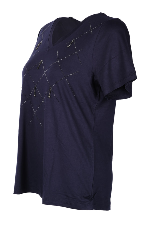 Vedi-bb Minimalist V Yaka Taş Detaylı Kadın T-Shirt - Kısa Kol