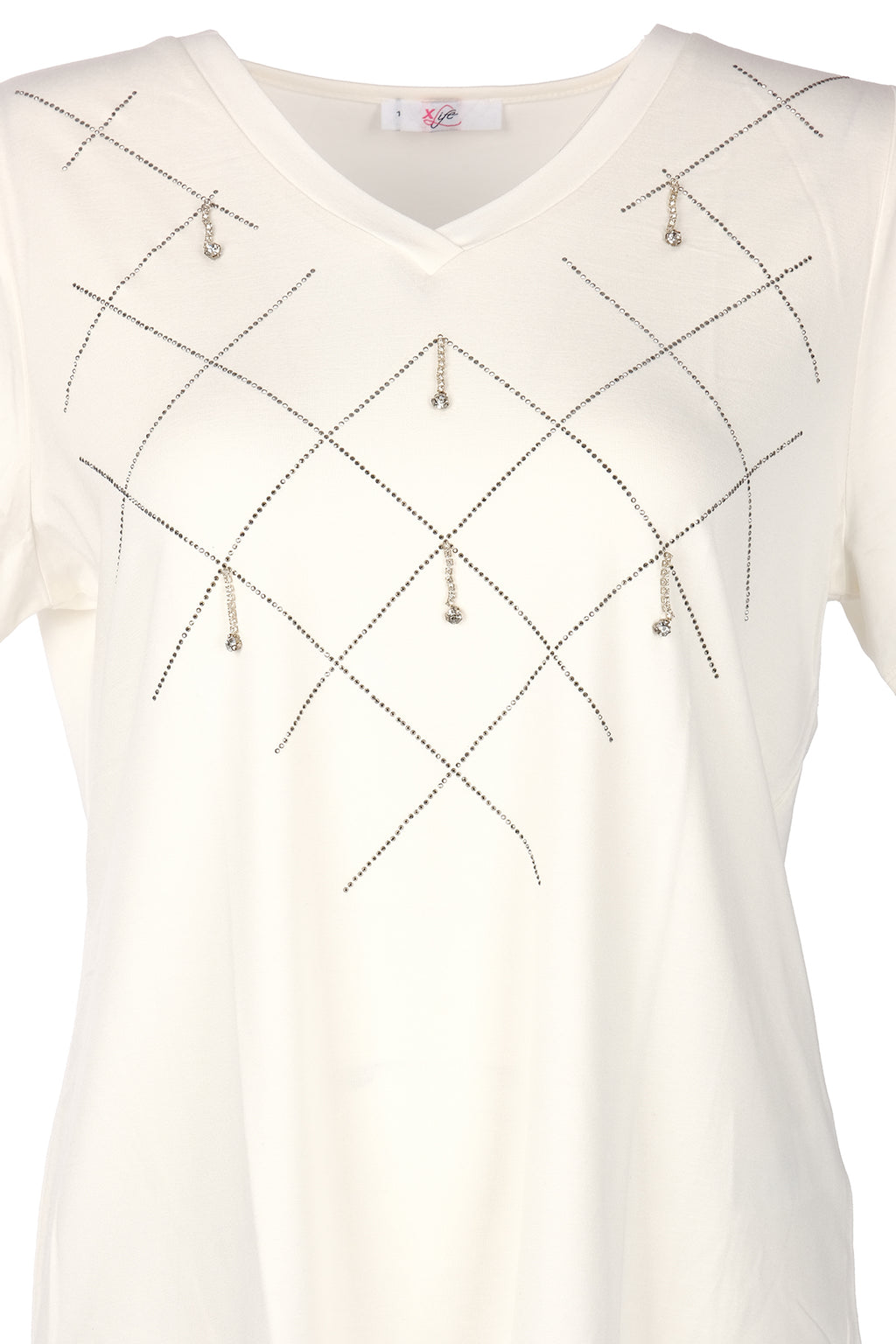 Vedi-bb Minimalist V Yaka Taş Detaylı Kadın T-Shirt - Kısa Kol