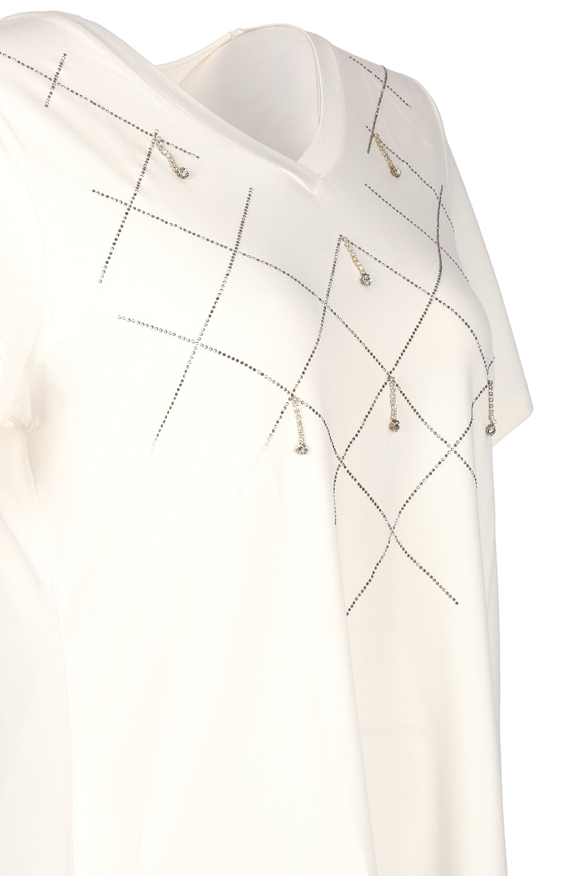 Vedi-bb Minimalist V Yaka Taş Detaylı Kadın T-Shirt - Kısa Kol